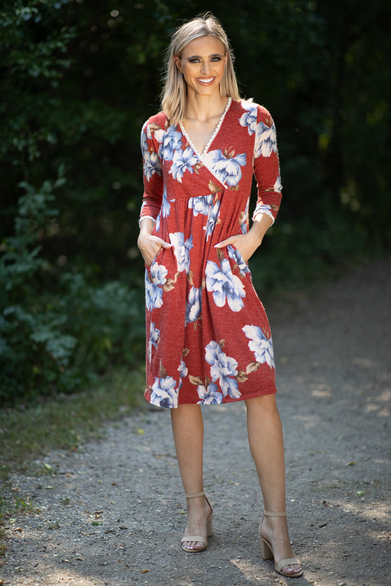 Cranberry and Blue Floral Surplice Front Dress - Filly Flair