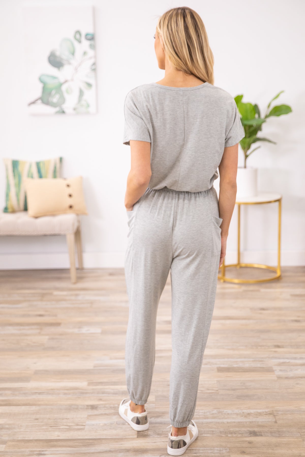Grey Short Sleeve Jumpsuit With Pockets - Filly Flair