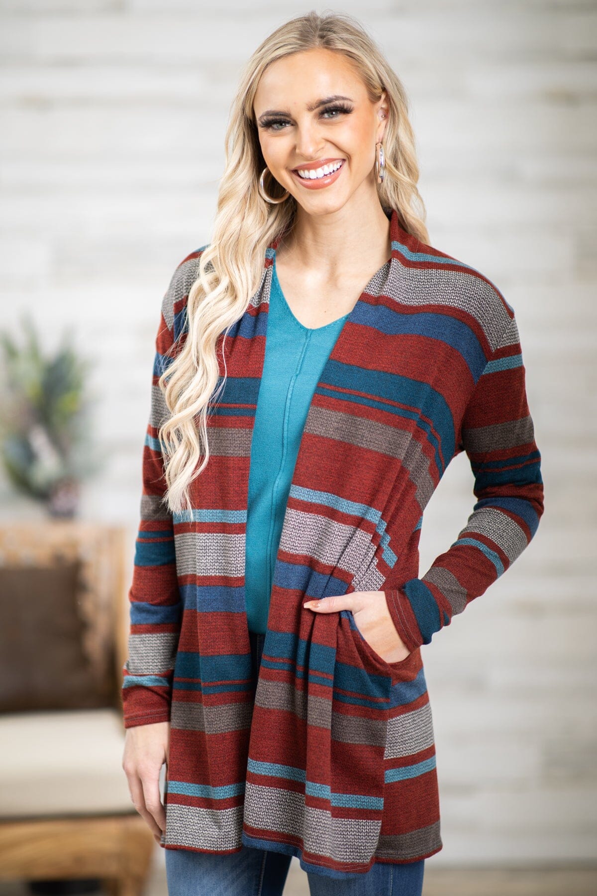 Cranberry and Blue Stripe Cardigan - Filly Flair