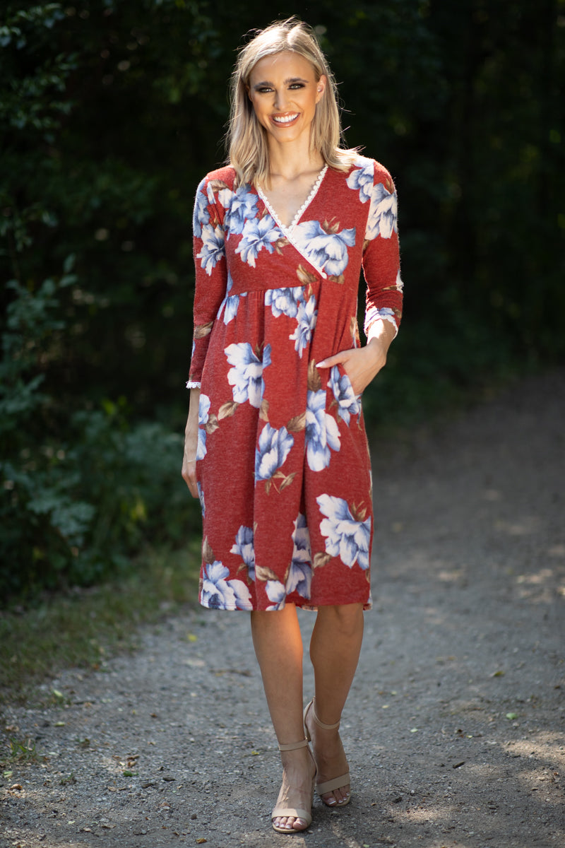 Cranberry and Blue Floral Surplice Front Dress - Filly Flair