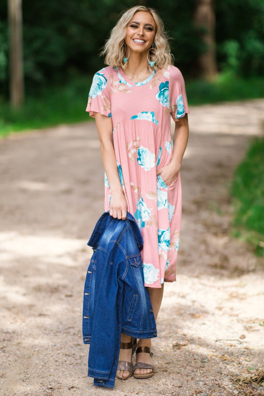 Blush and Aqua Floral Print Midi Dress - Filly Flair