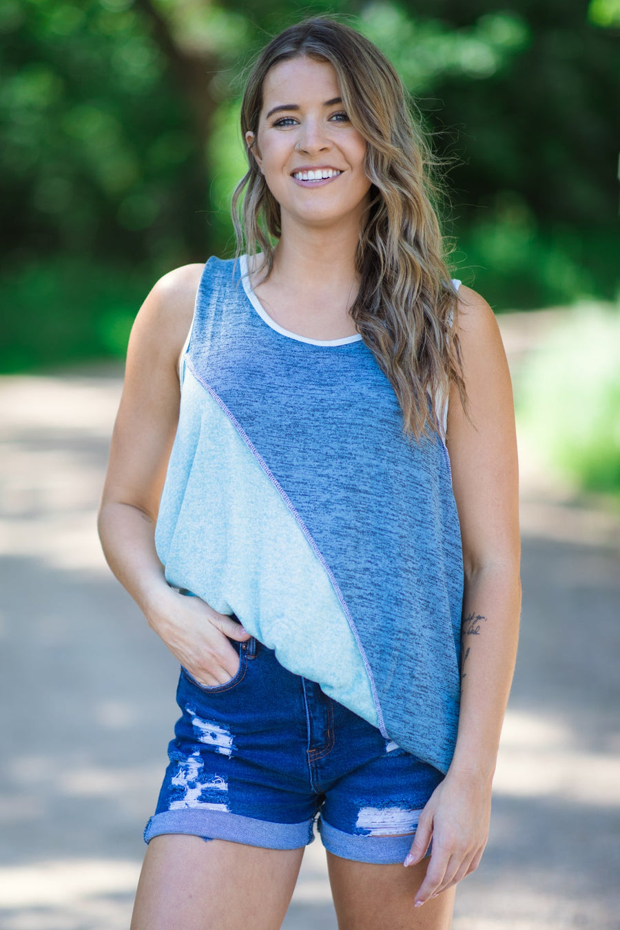 Dusty Blue and Aqua Heathered Colorblock Tank - Filly Flair