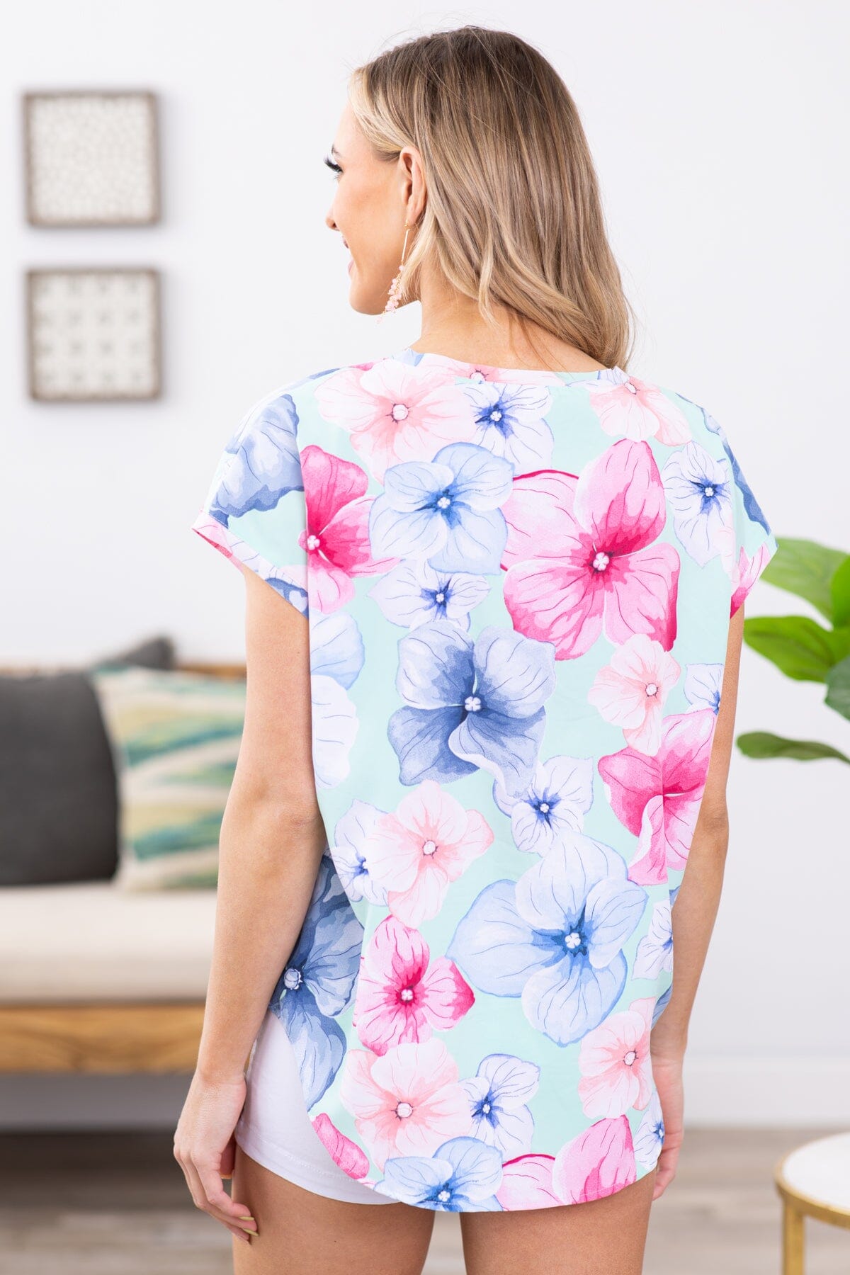 Mint Multicolor Large Floral Print V-Neck Top - Filly Flair