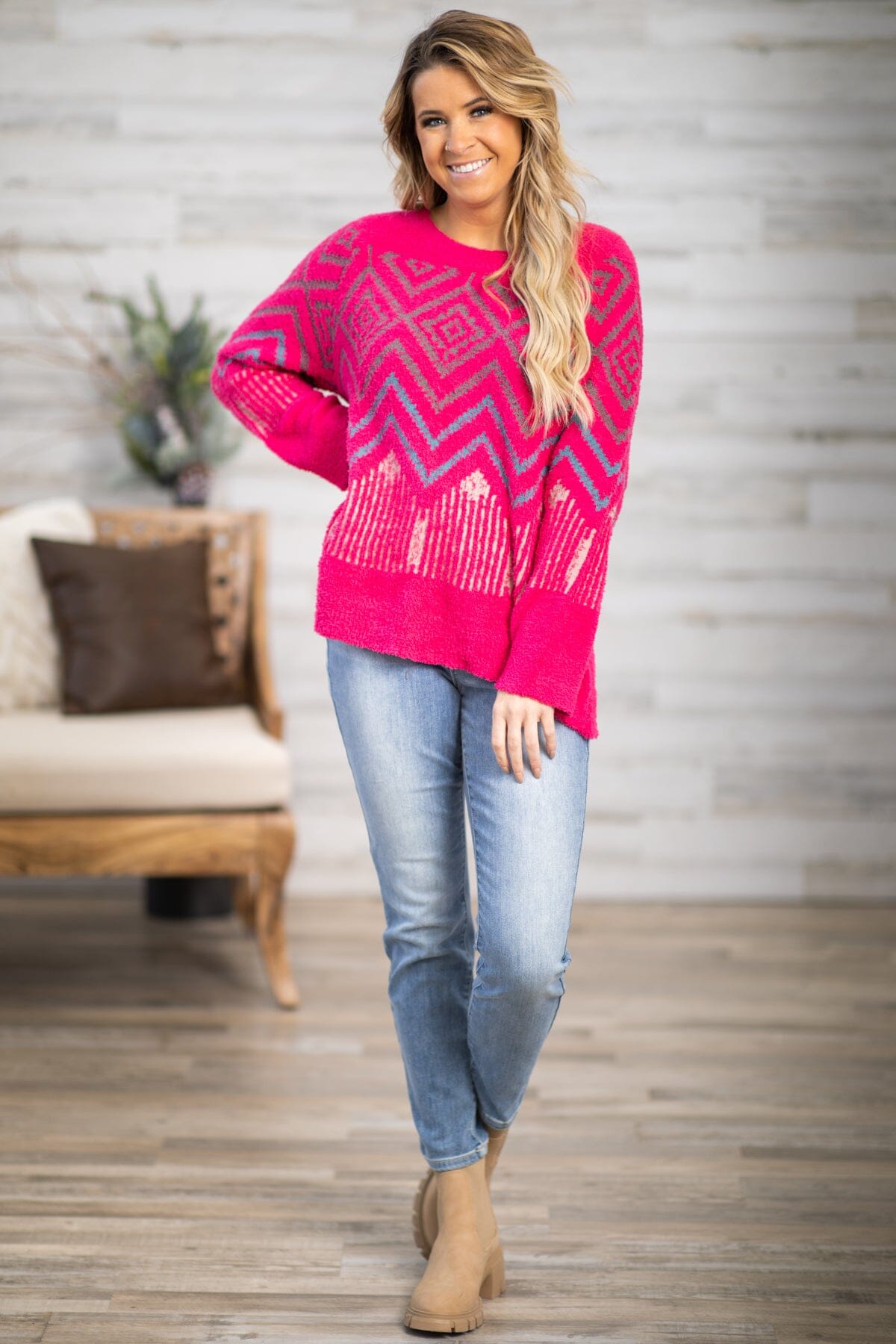 Hot Pink and Grey Aztec Print Sweater - Filly Flair