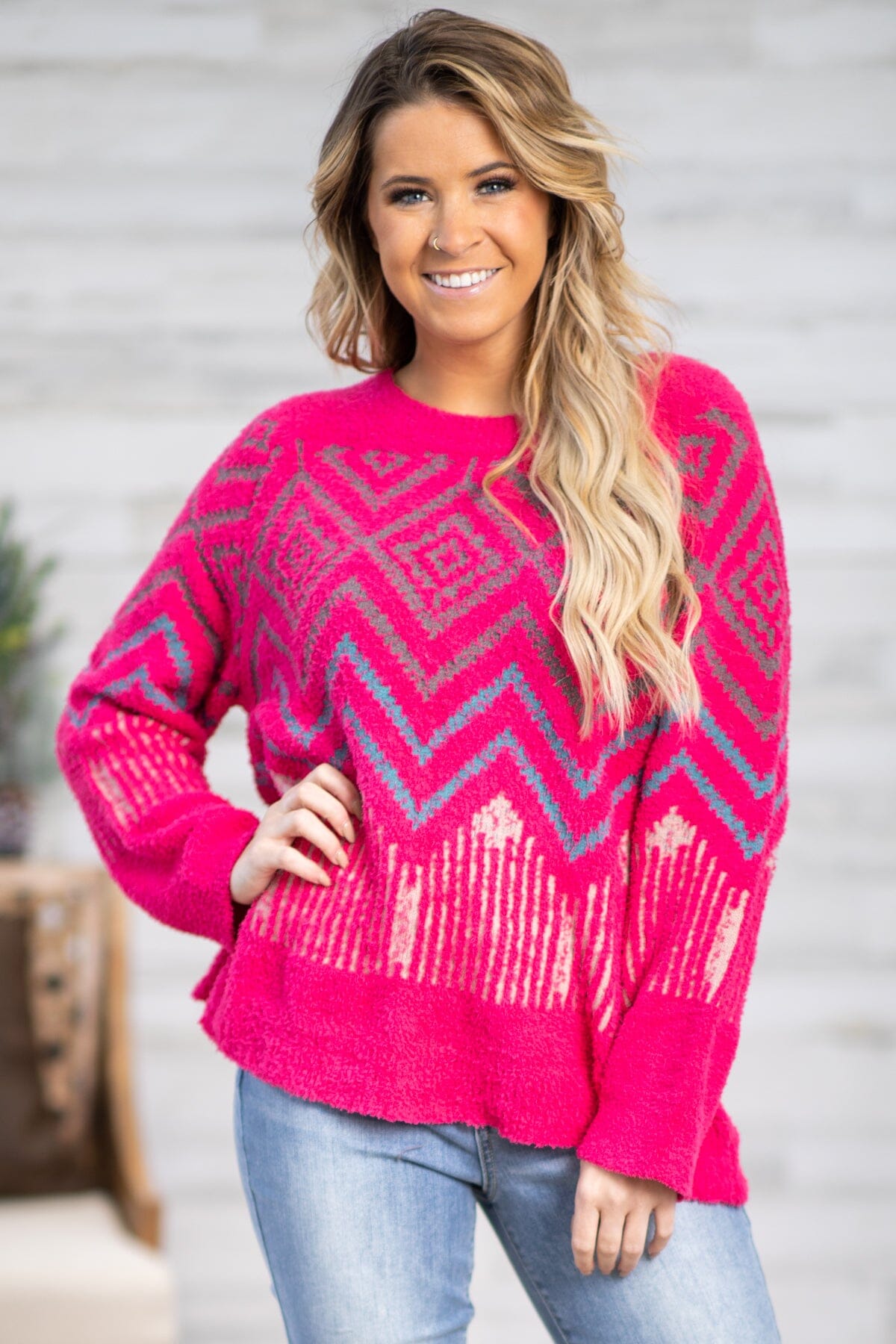 Hot Pink and Grey Aztec Print Sweater - Filly Flair