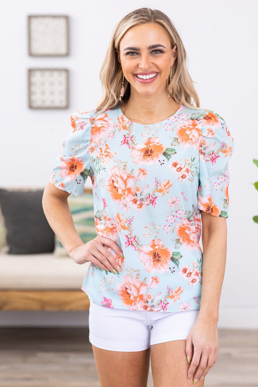 Aqua and Orange Floral Puff Sleeve Top - Filly Flair