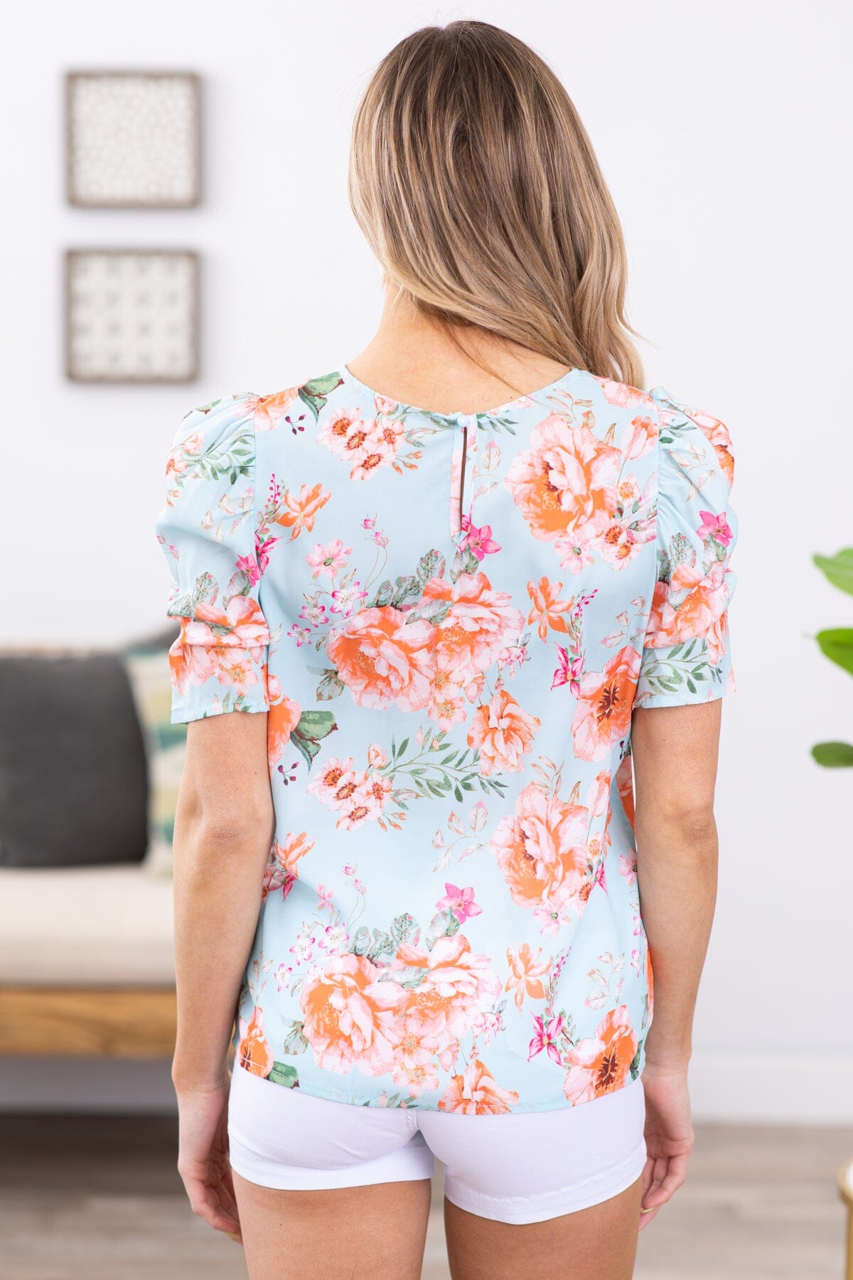 Aqua and Orange Floral Puff Sleeve Top - Filly Flair