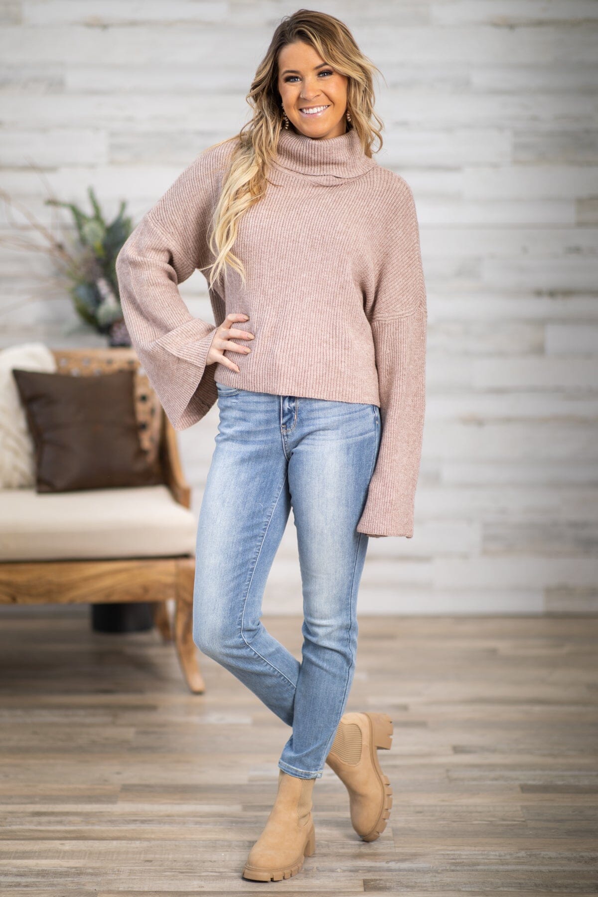 Mocha Ribbed Bell Sleeve Turtleneck Sweater - Filly Flair