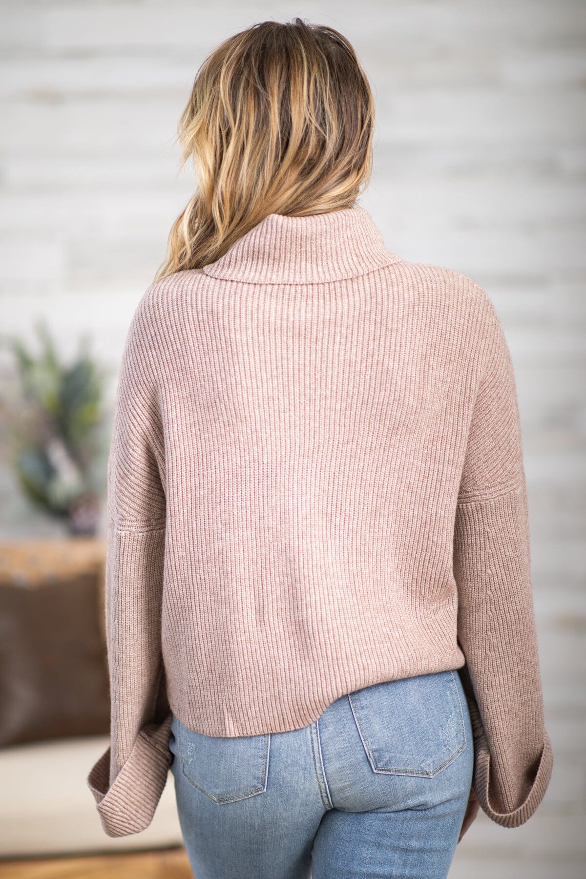 Mocha Ribbed Bell Sleeve Turtleneck Sweater - Filly Flair