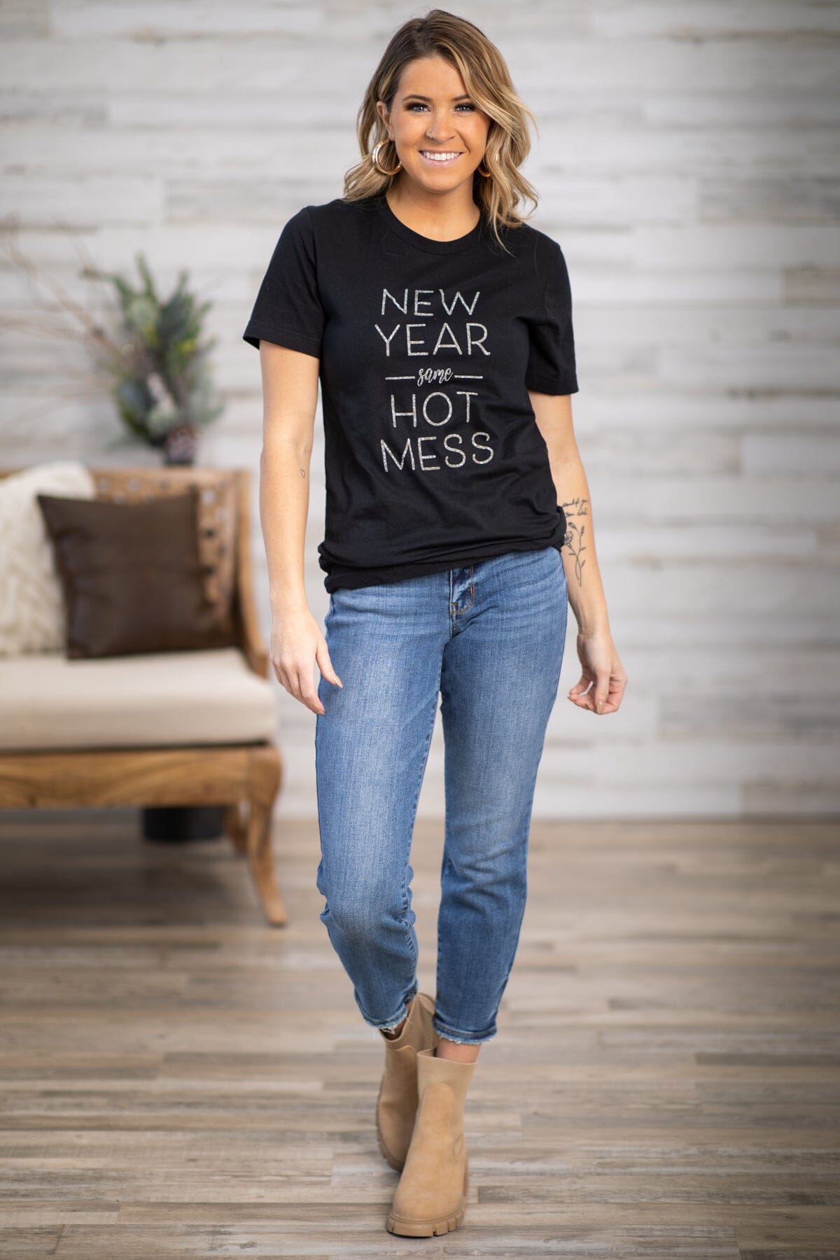 Black New Year Same Hot Mess Graphic Tee - Filly Flair