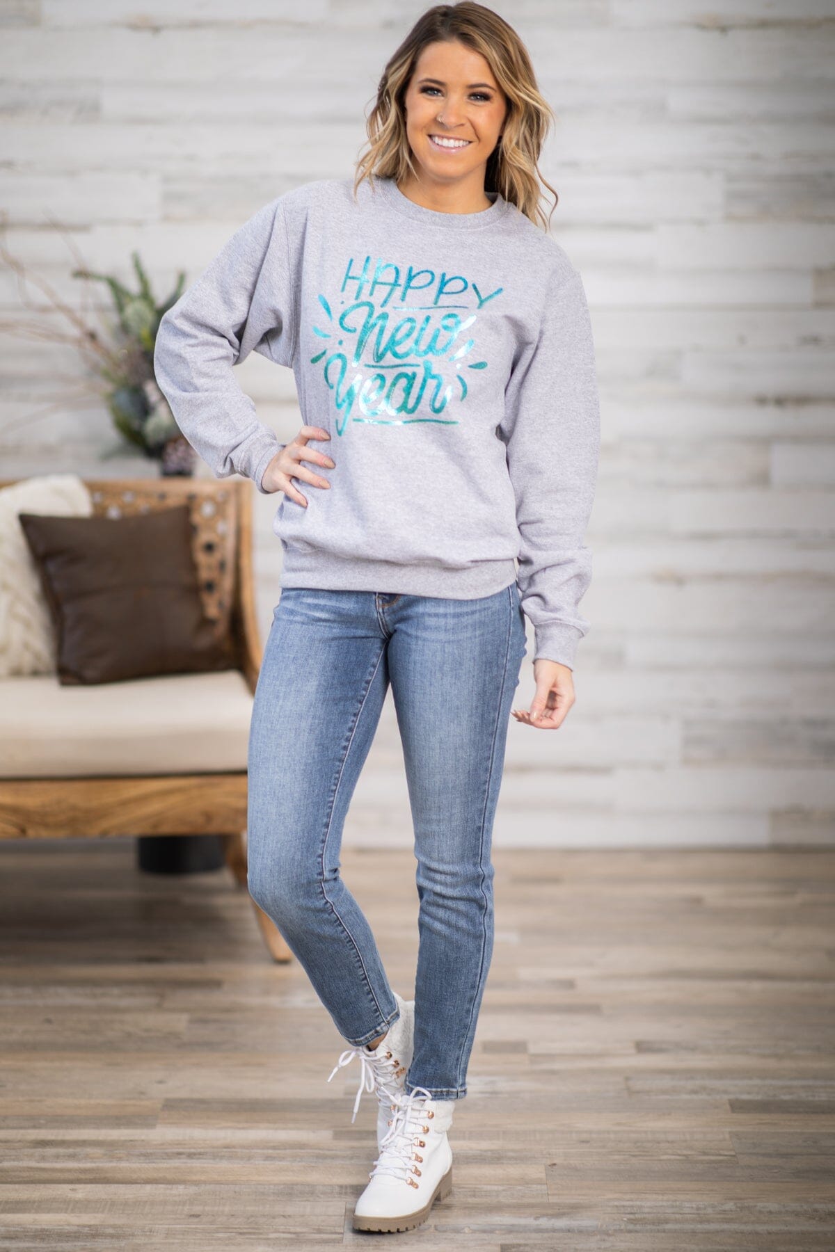 Grey Happy New Year Graphic Sweatshirt - Filly Flair