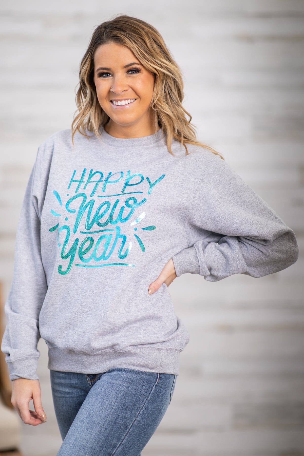 Grey Happy New Year Graphic Sweatshirt - Filly Flair