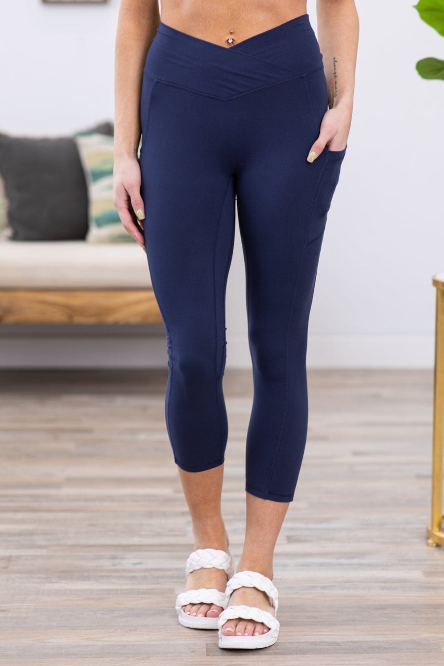 Navy Crossover Waist Side Pocket Leggings - Filly Flair
