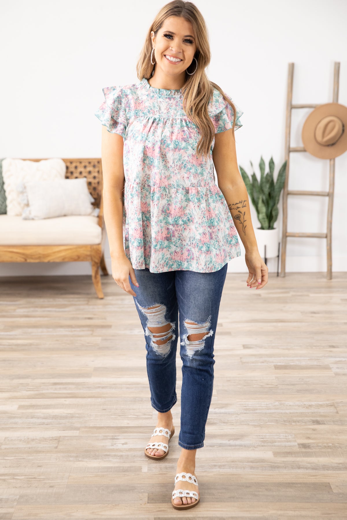 Mint Multicolor Floral Ruffle Cap Sleeve Top - Filly Flair