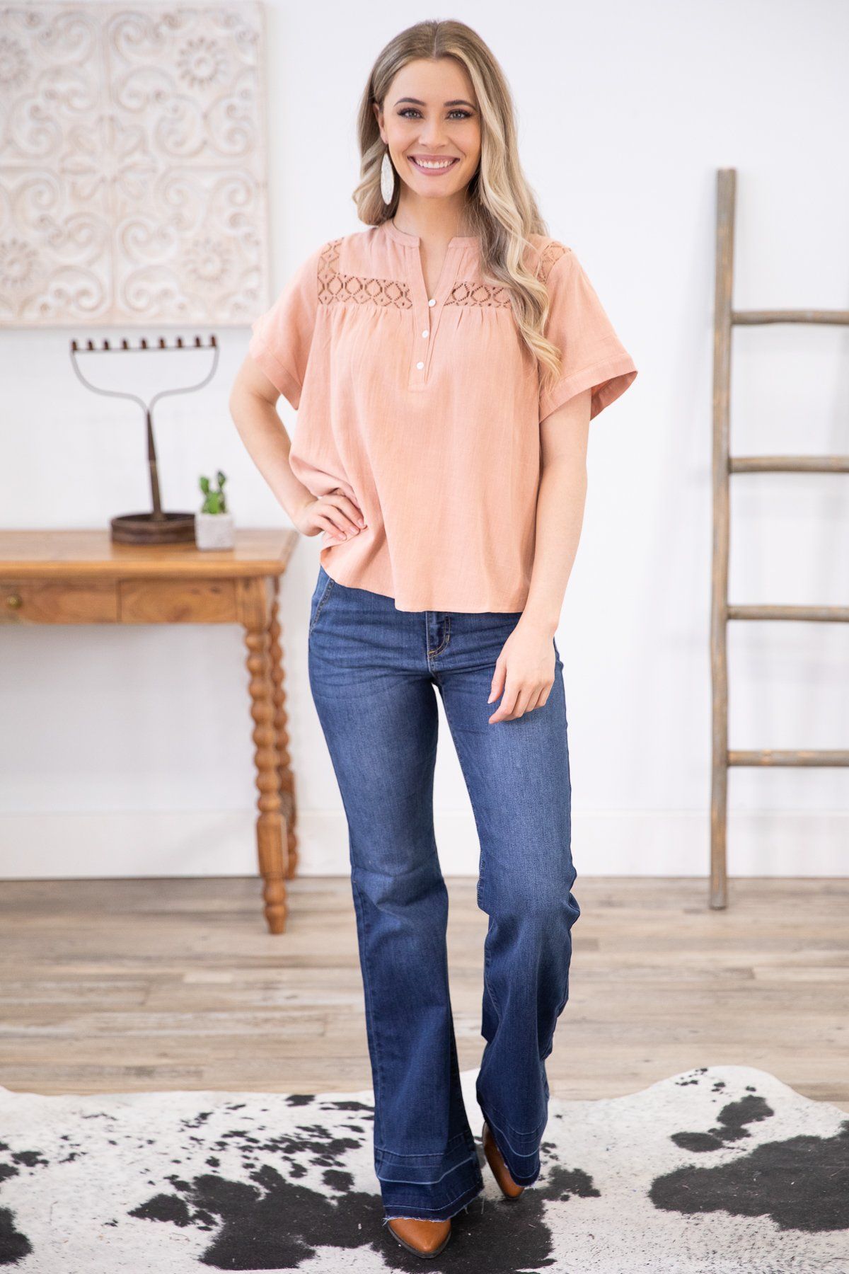 Peach Lace Trim Notch Neck Top - Filly Flair