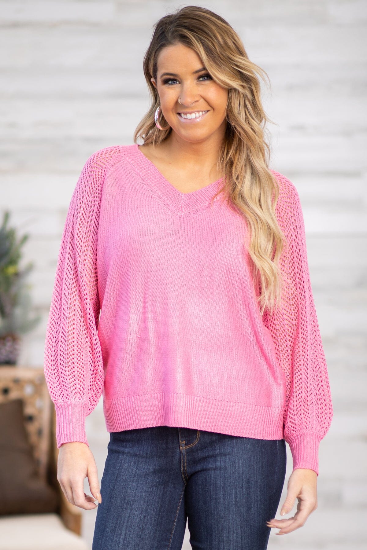Pink Pointelle Sleeve Detail Sweater - Filly Flair