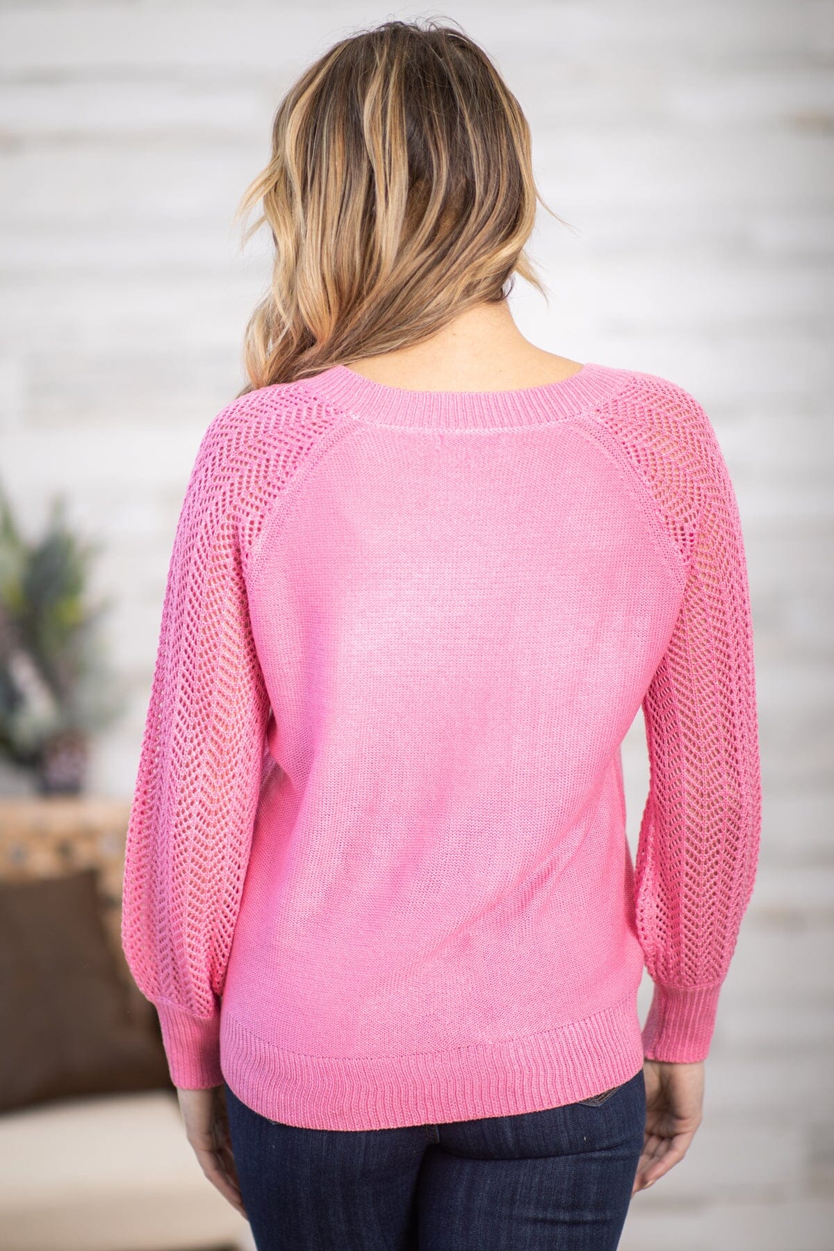 Pink Pointelle Sleeve Detail Sweater - Filly Flair