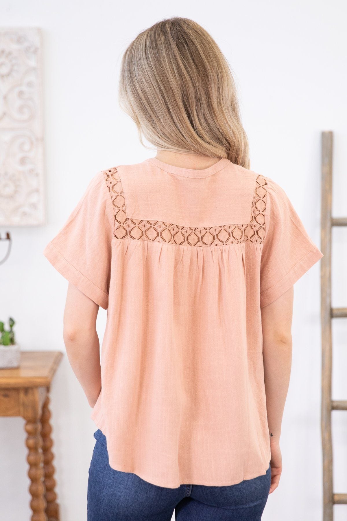 Peach Lace Trim Notch Neck Top - Filly Flair