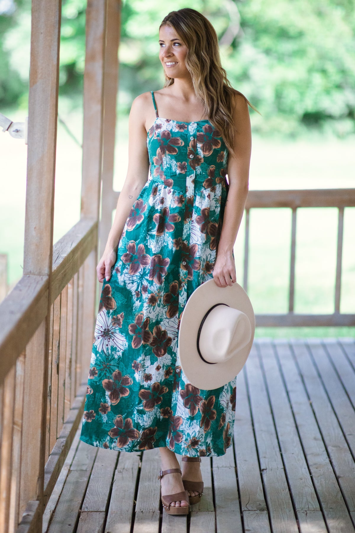 Jade and Brown Floral Print Maxi Dress - Filly Flair