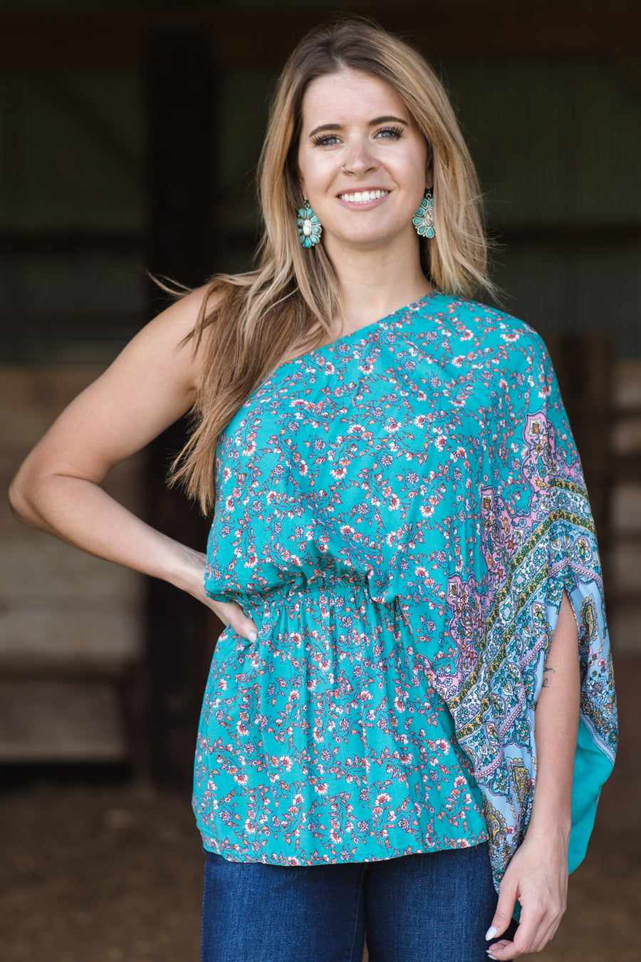 Turquoise Floral Print One Shoulder Peplum Top - Filly Flair