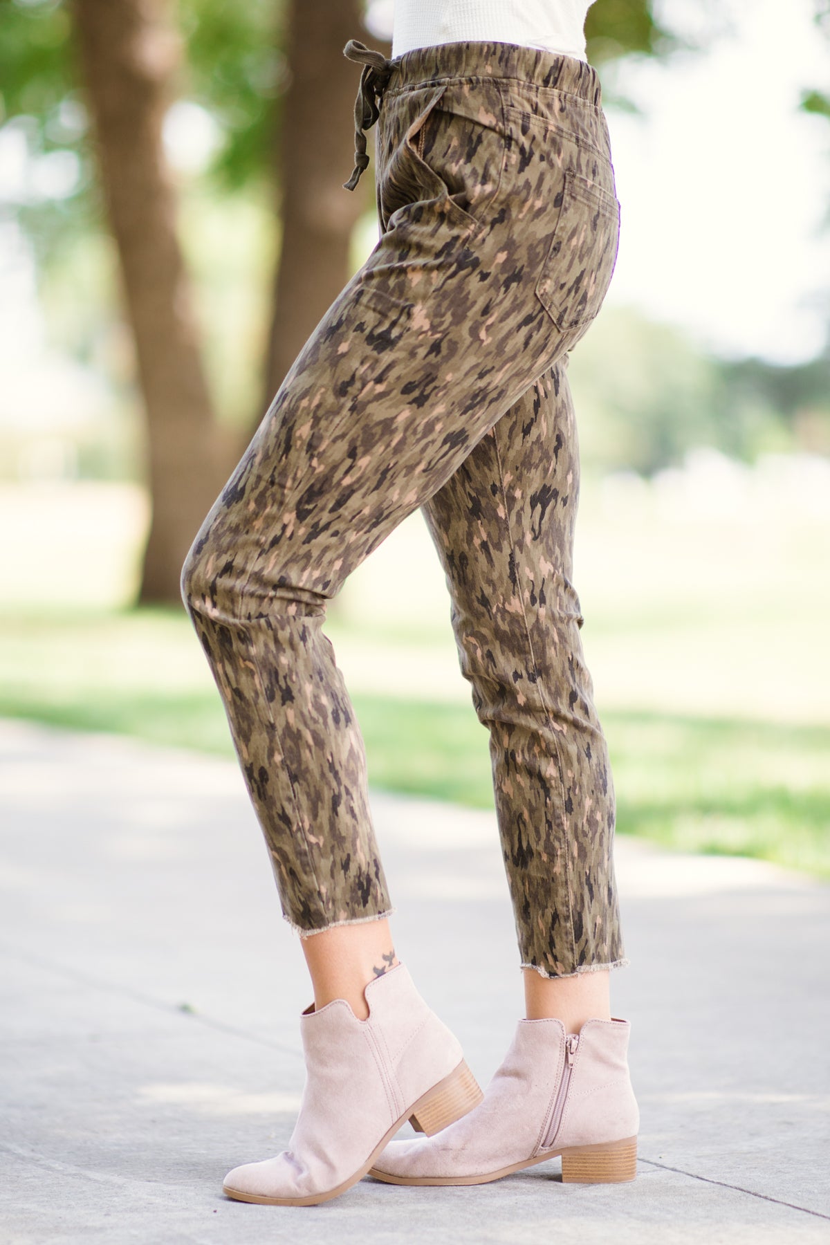 Olive Abstract Camouflage Print Jogger Jean - Filly Flair