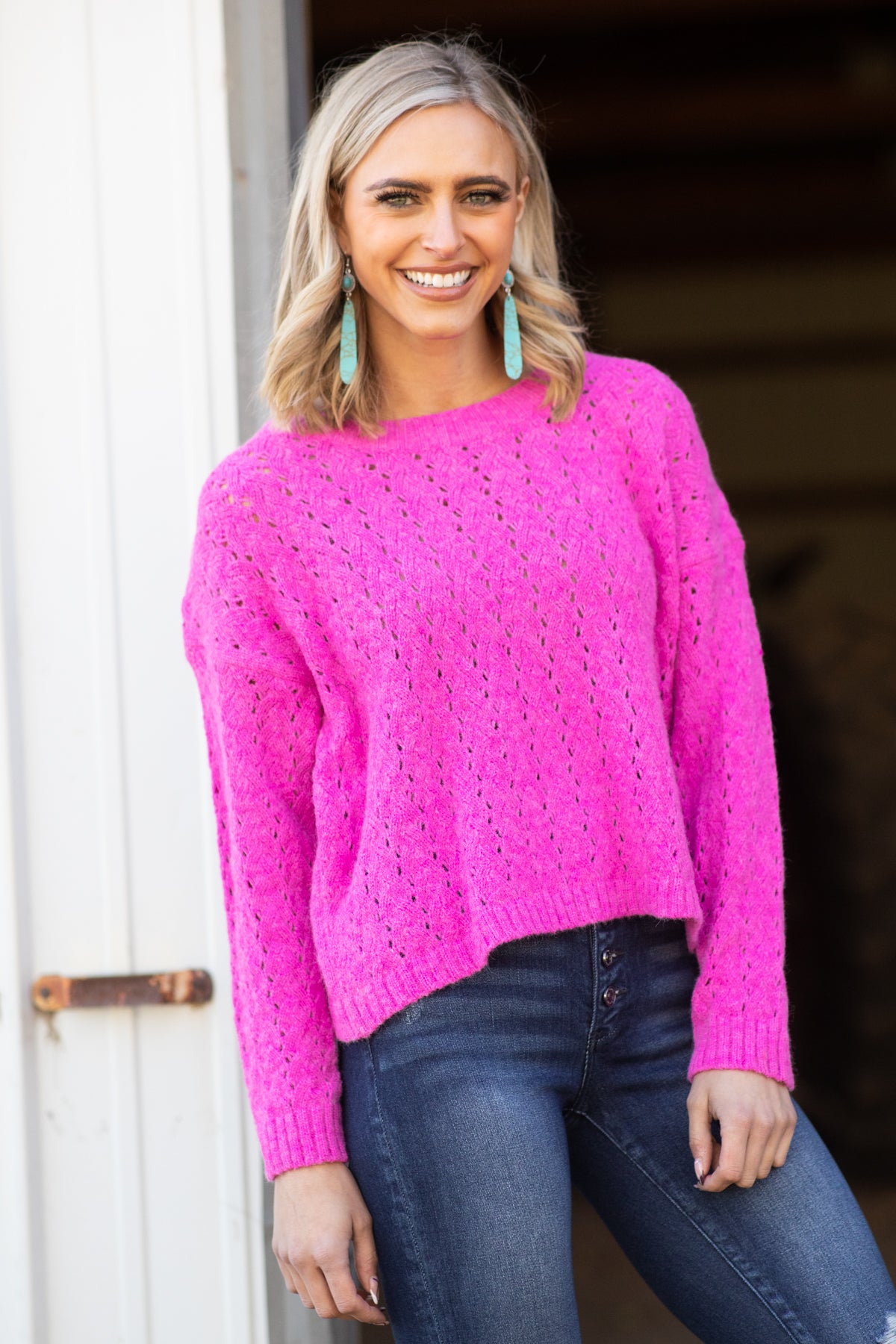 Fuchsia Pointelle Drop Shoulder Sweater - Filly Flair