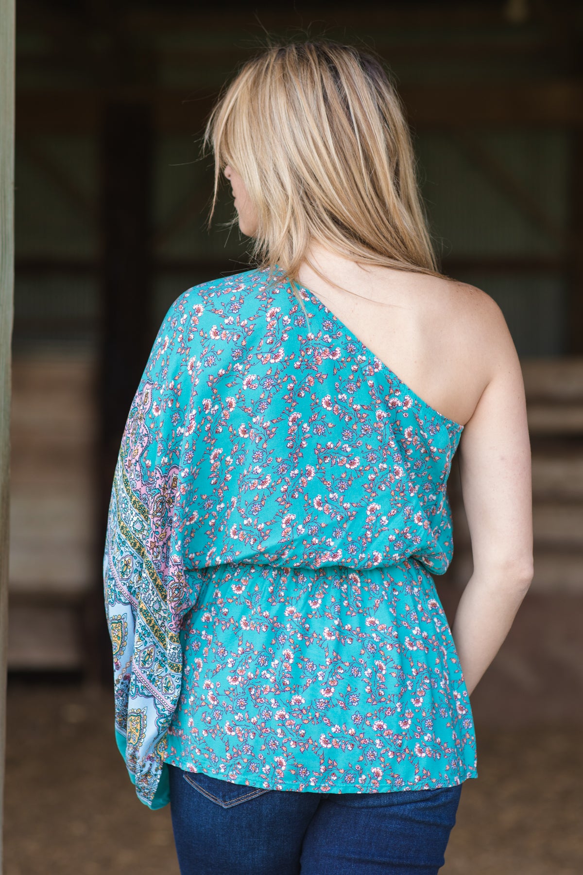 Turquoise Floral Print One Shoulder Peplum Top - Filly Flair