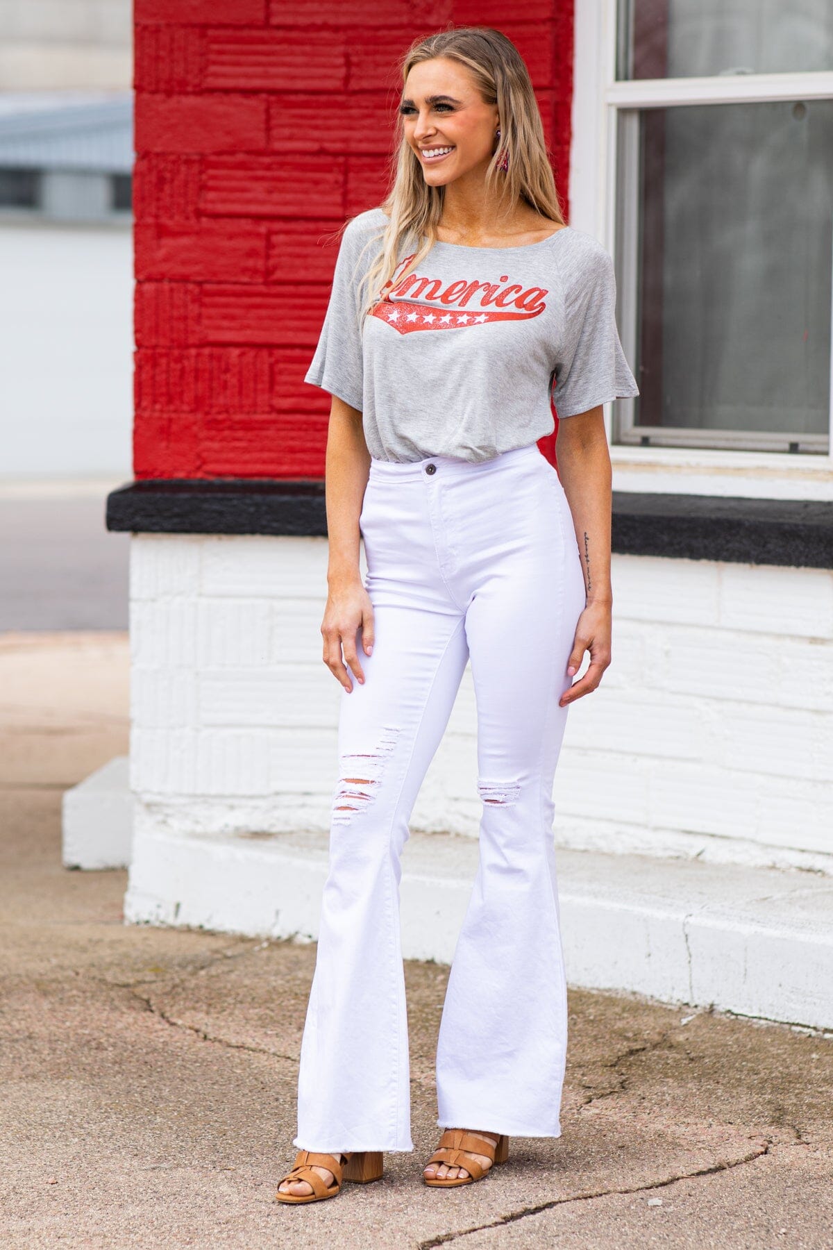 White Distressed Knee Flare Pants · Filly Flair