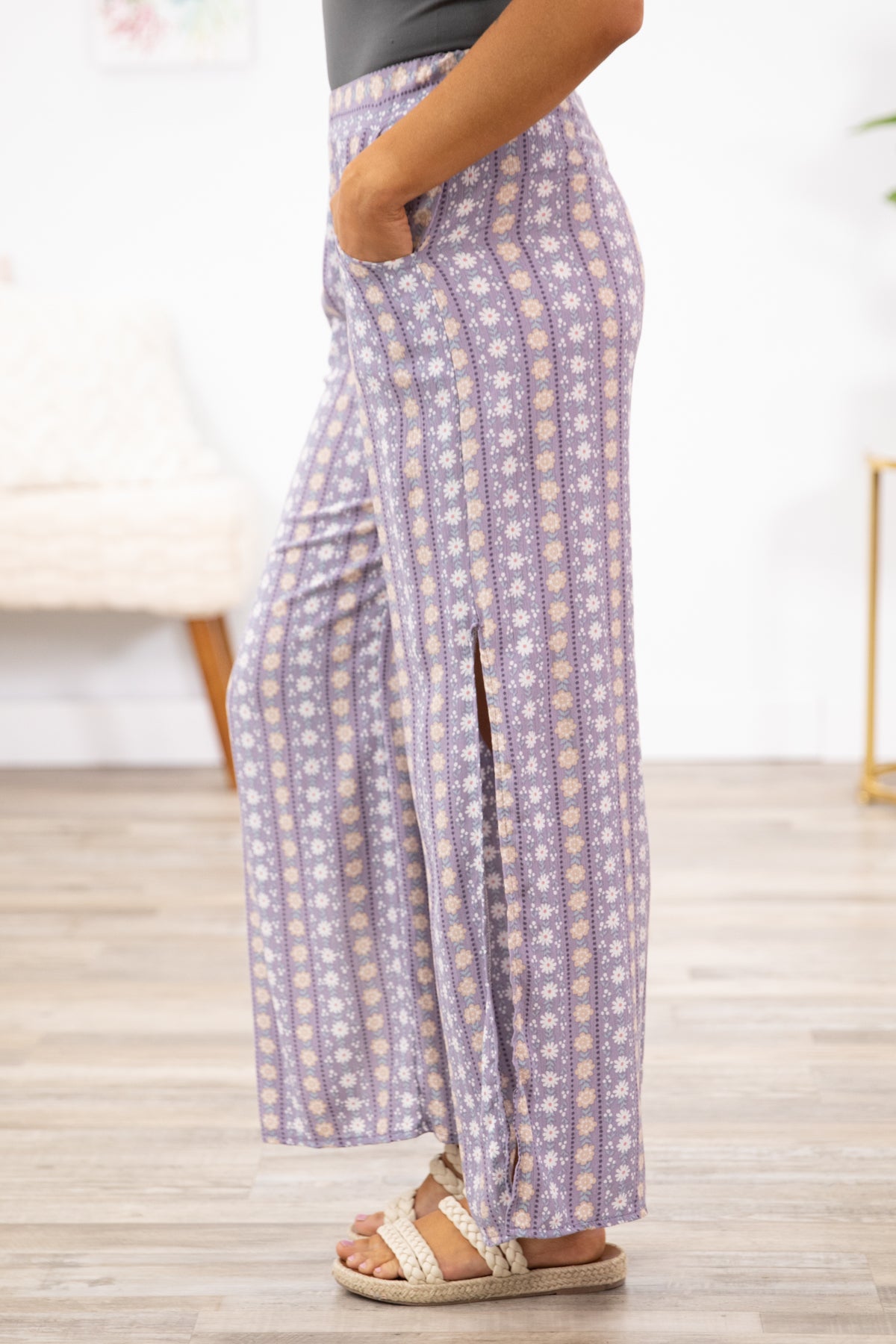 Lavender Floral Print Knit Pants - Filly Flair
