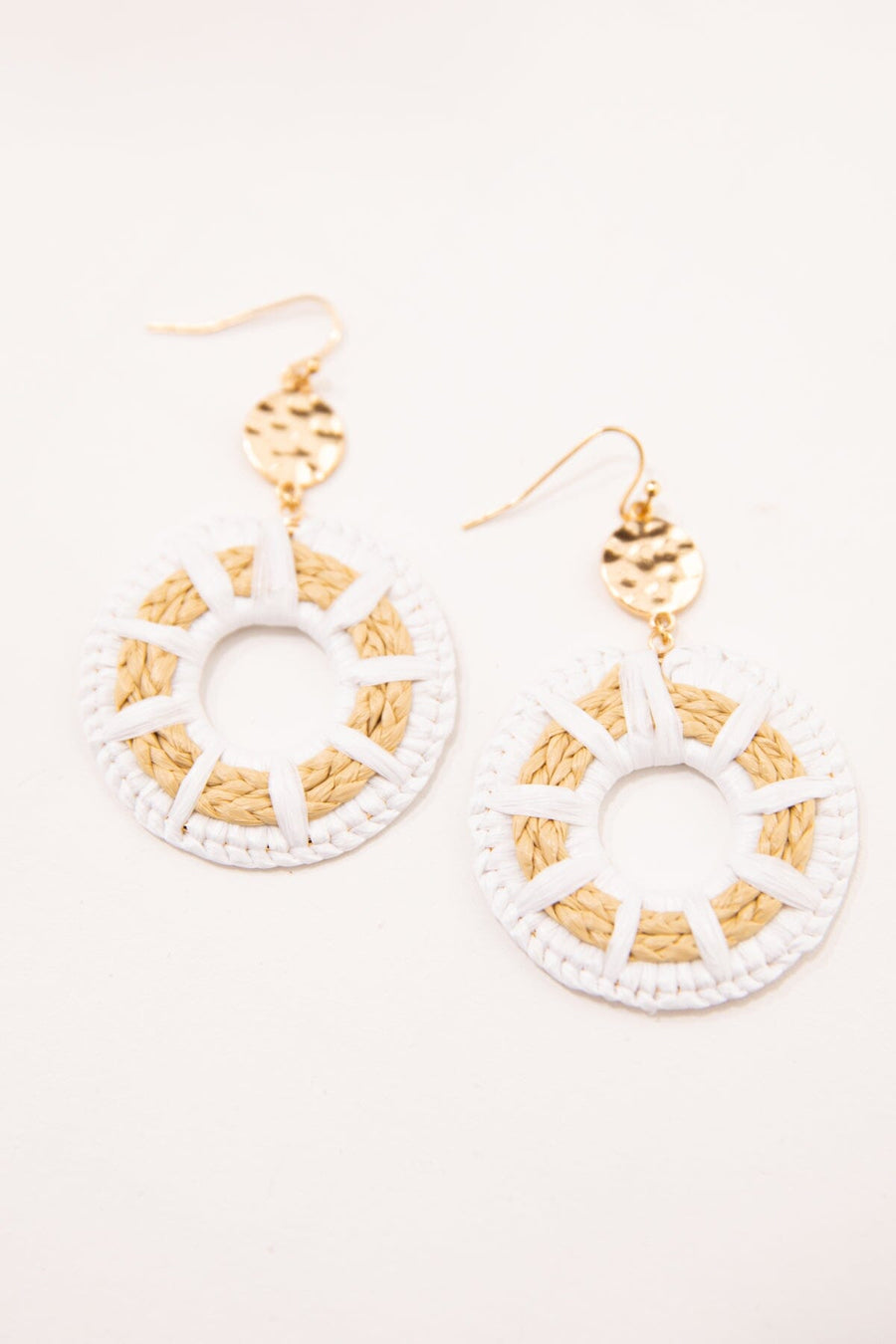 White and Tan Braided Raffia Round Earrings - Filly Flair