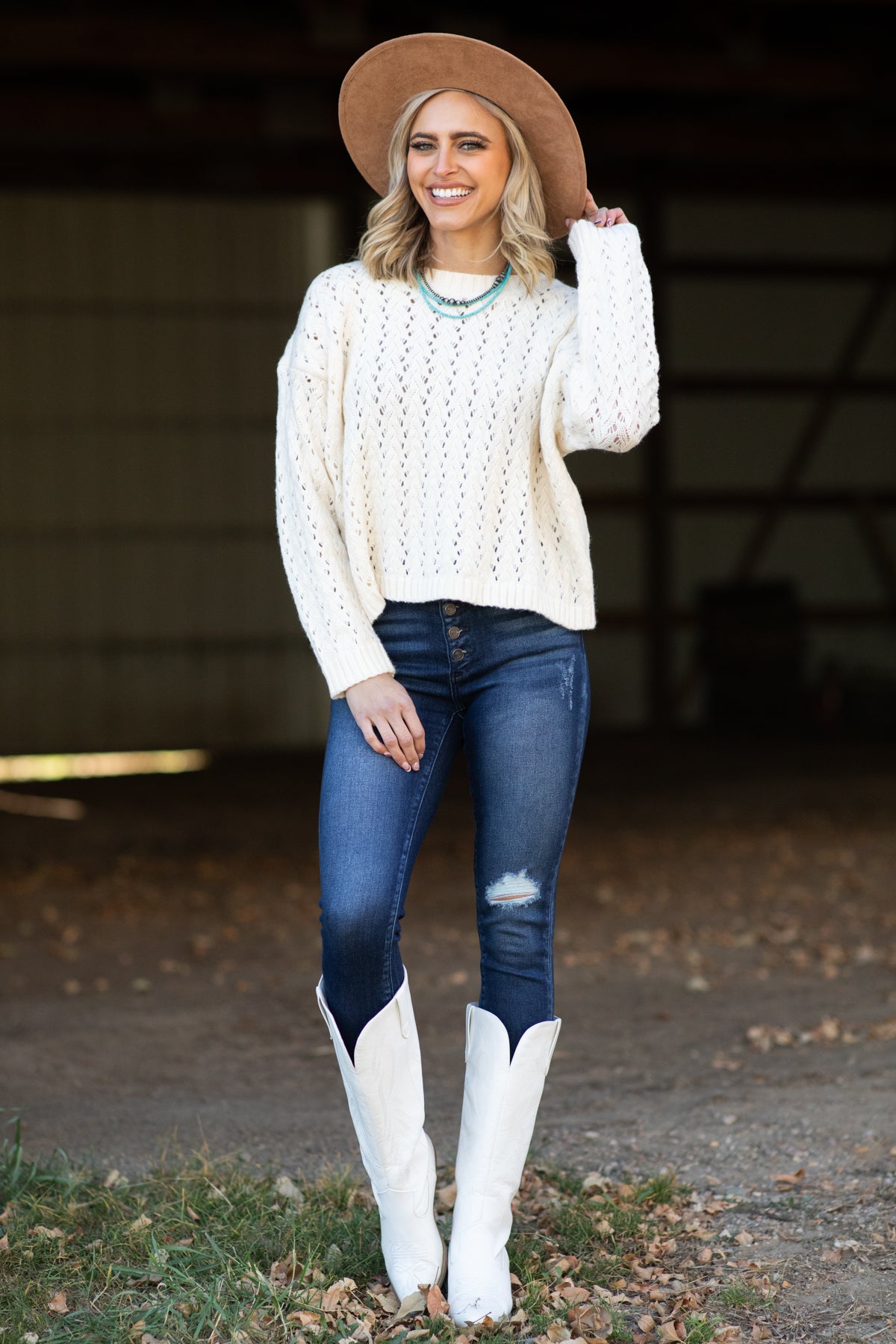 Ivory Pointelle Drop Shoulder Sweater - Filly Flair