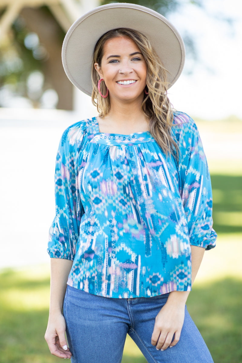 Turquoise Multicolor Aztec Print Tie Back Top - Filly Flair