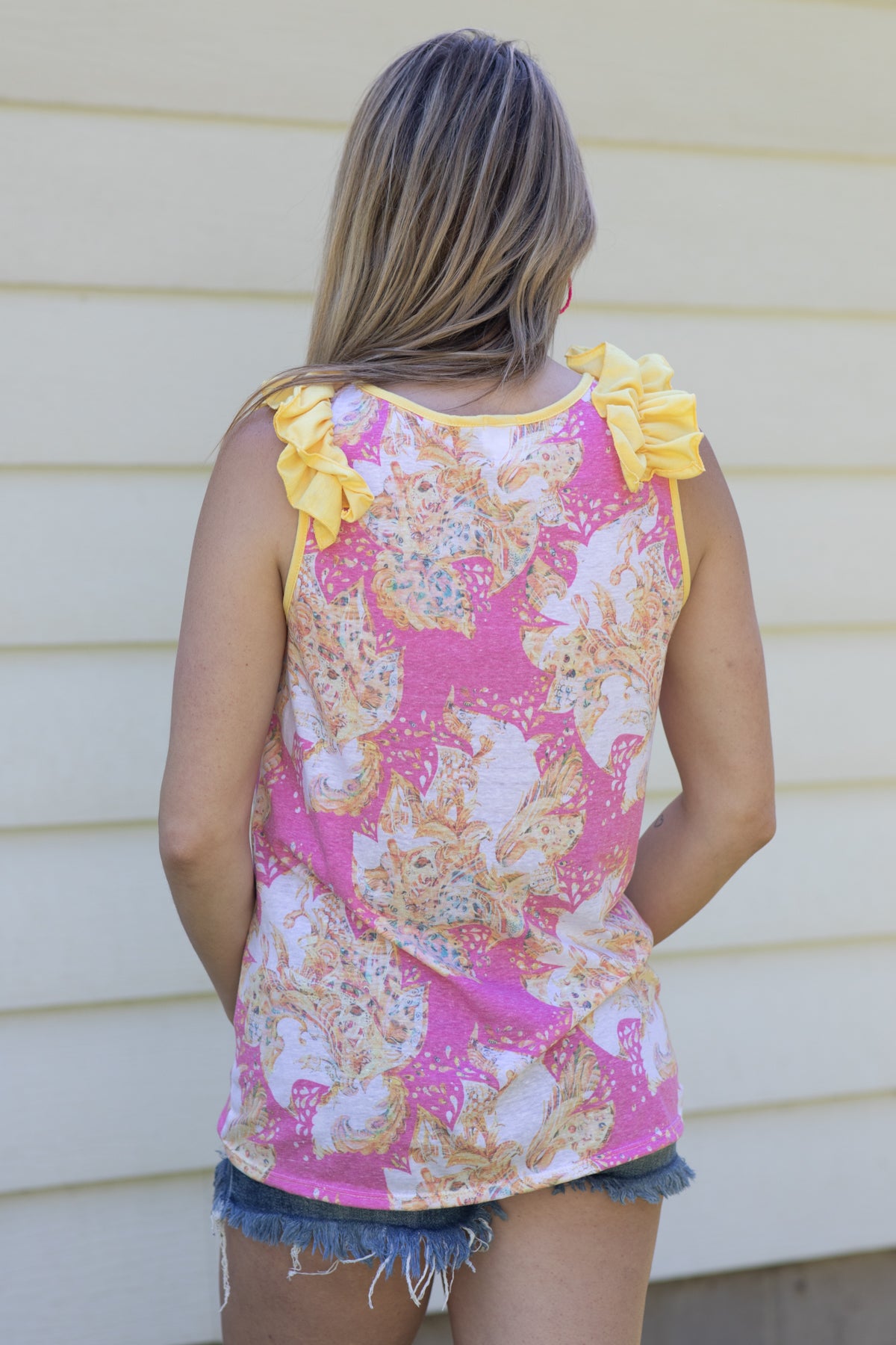 Pink and Yellow Ruffle Strap Paisley Tank - Filly Flair