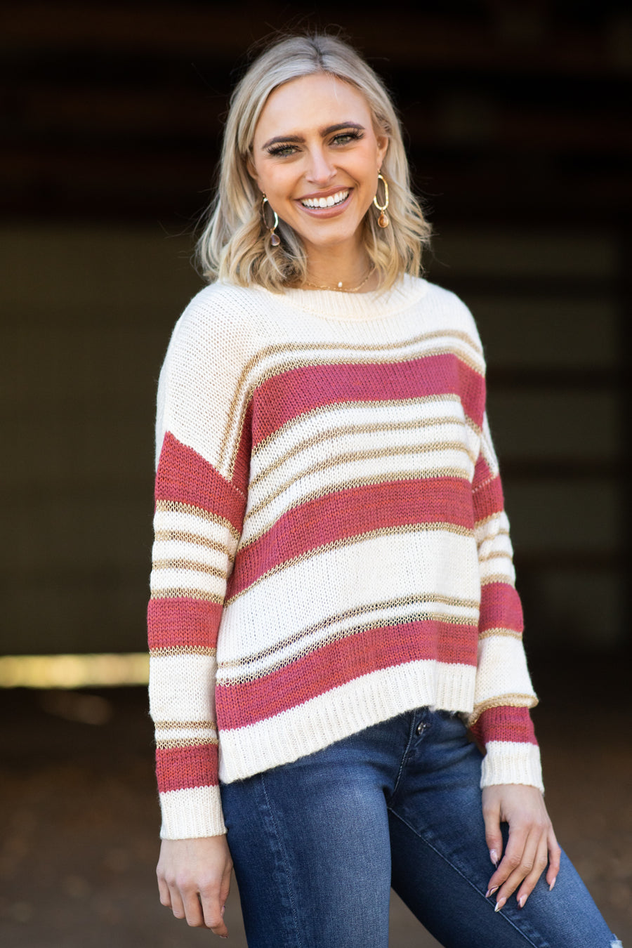 Cream and Wine Stripe Sweater With Lurex - Filly Flair