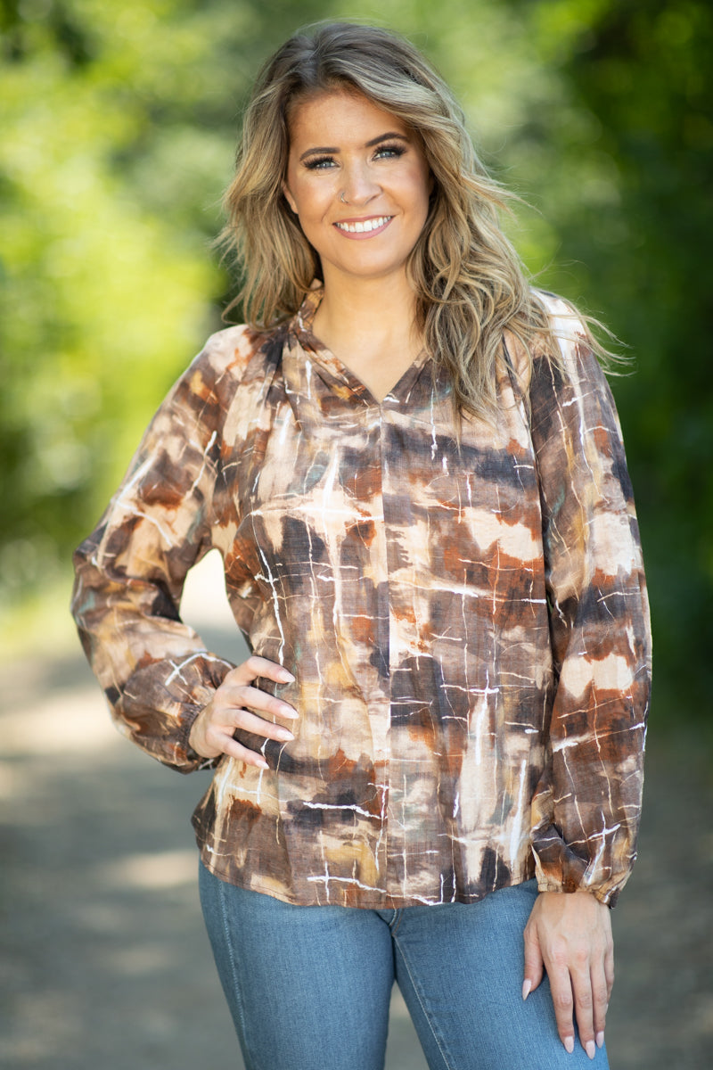 Brown and Tan Abstract Print Notch Neck Top - Filly Flair