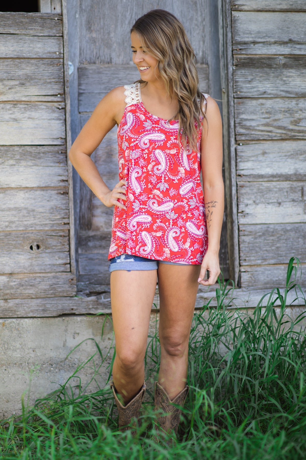 Red Multicolor Paisley Crochet Strap Tank - Filly Flair