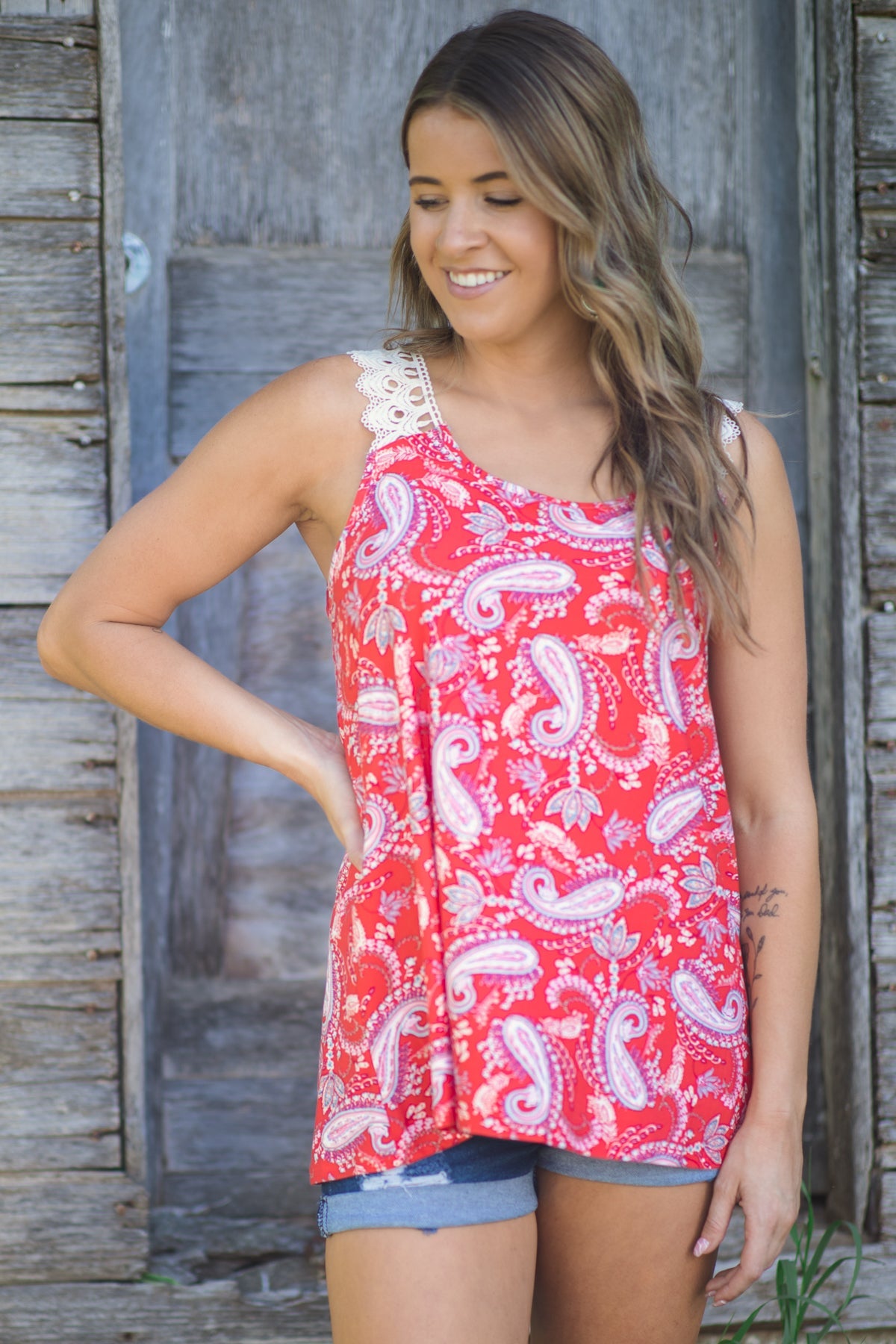 Red Multicolor Paisley Crochet Strap Tank - Filly Flair