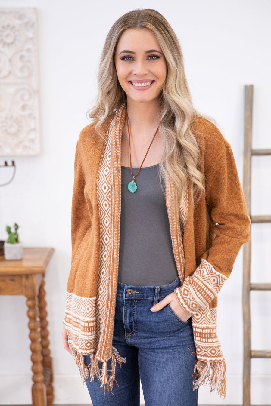 Burnt Orange Aztec Border Cardigan with Fringe - Filly Flair