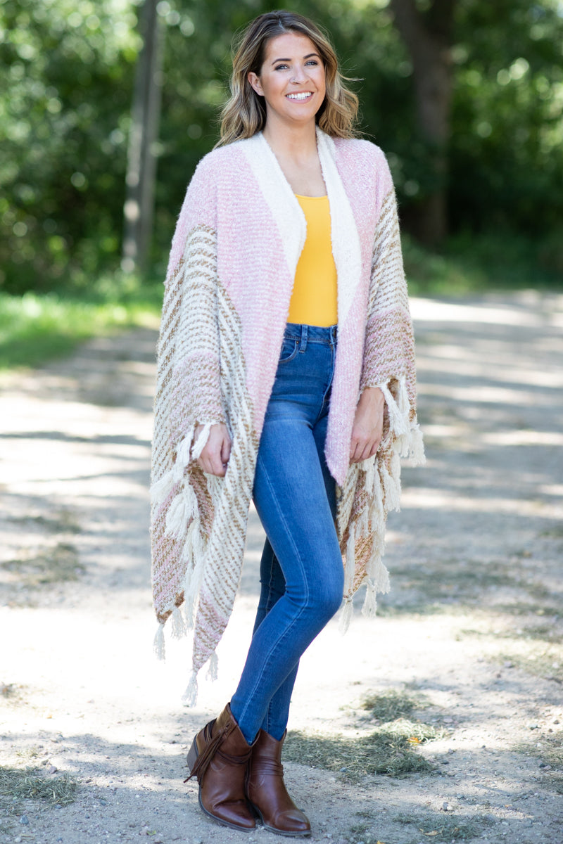 Light Pink and Cream Fringe Trim Cardigan - Filly Flair