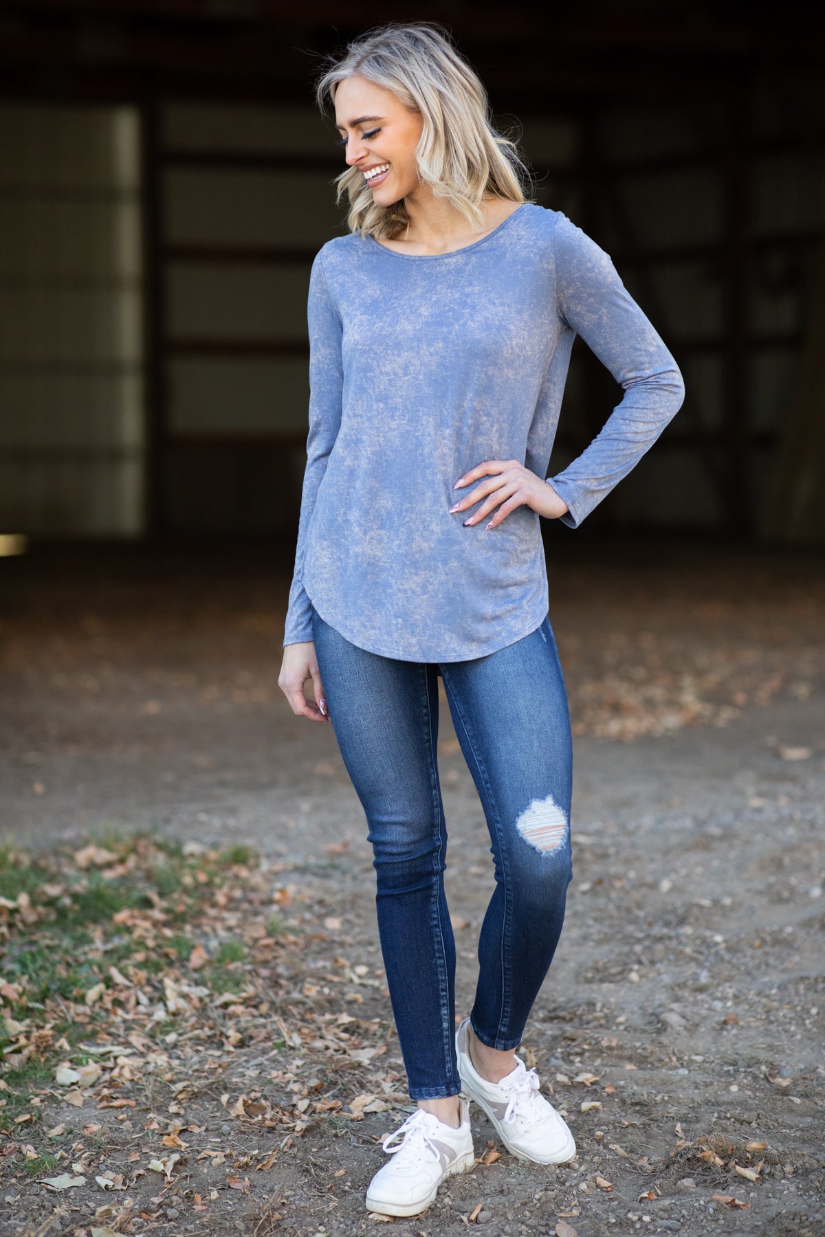 Dusty Blue Acid Wash Long Sleeve Top - Filly Flair