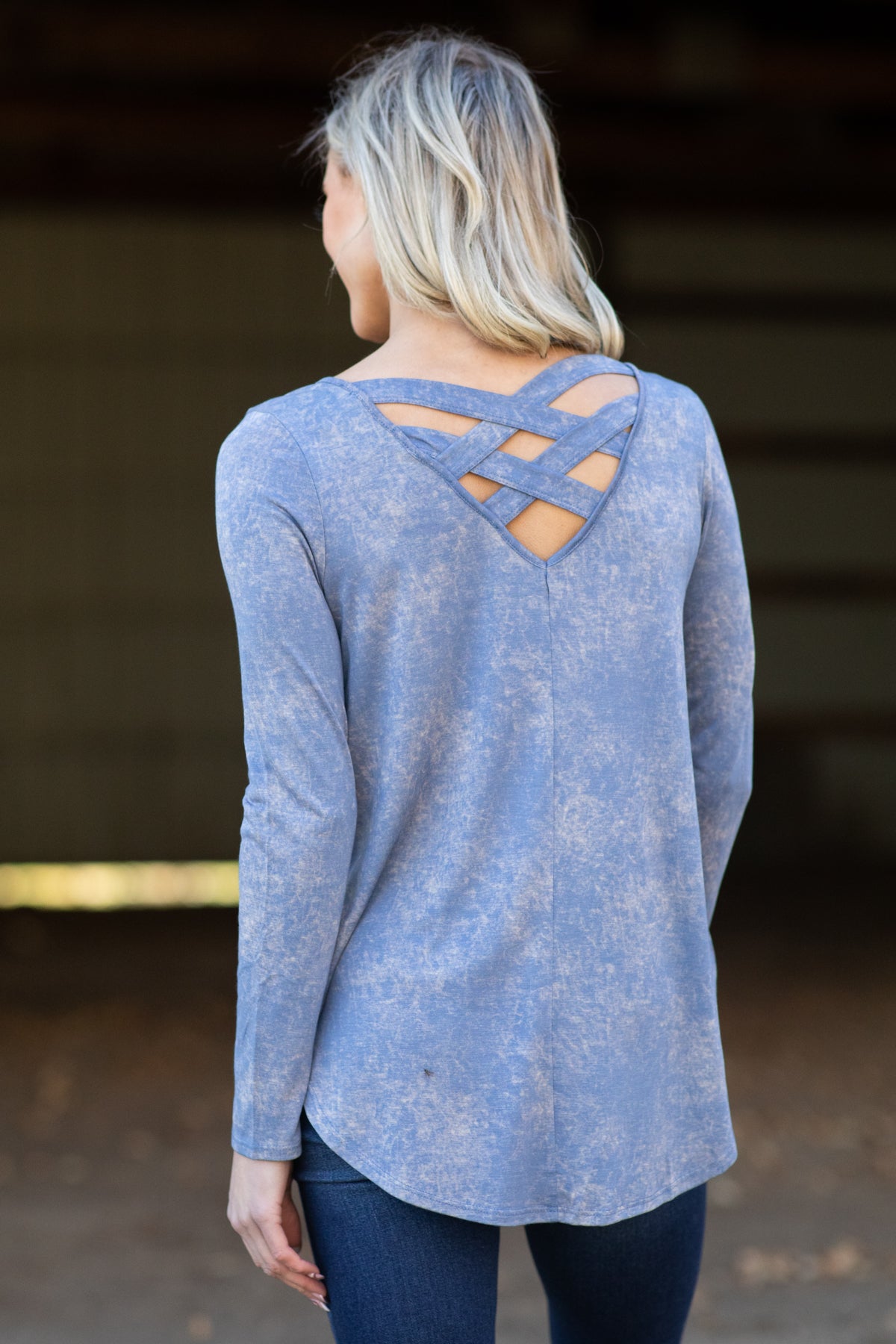Dusty Blue Acid Wash Long Sleeve Top - Filly Flair