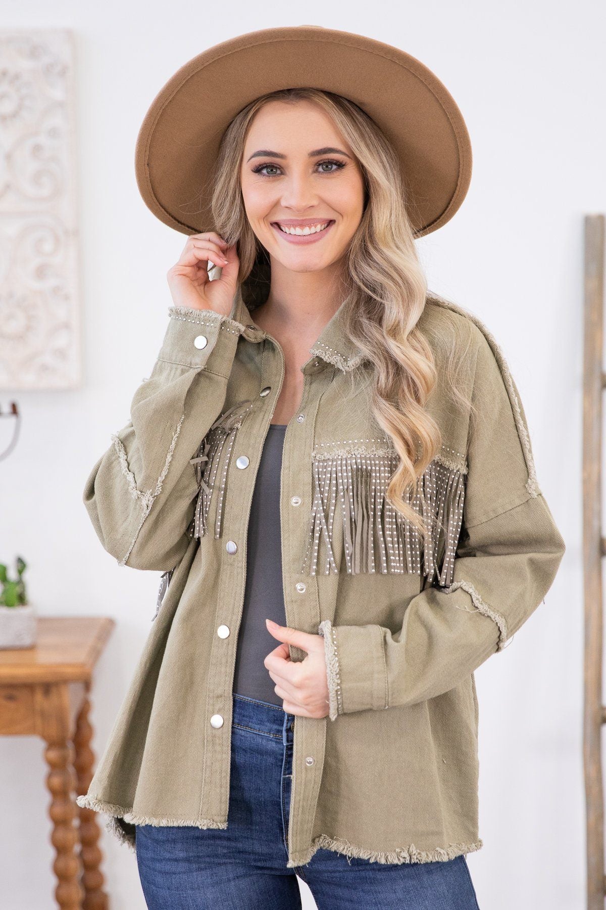 Olive Fray Hem Jacket With Studded Fringe - Filly Flair