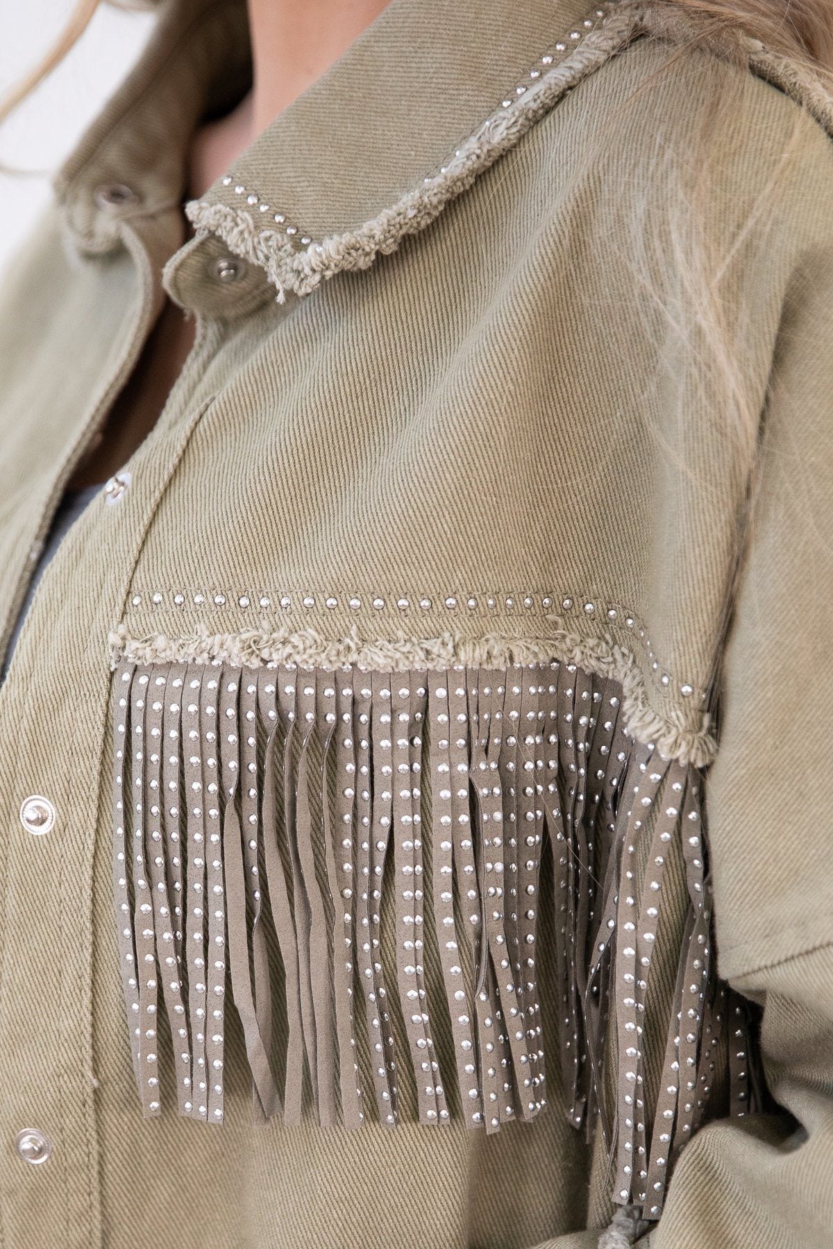 Olive Fray Hem Jacket With Studded Fringe - Filly Flair