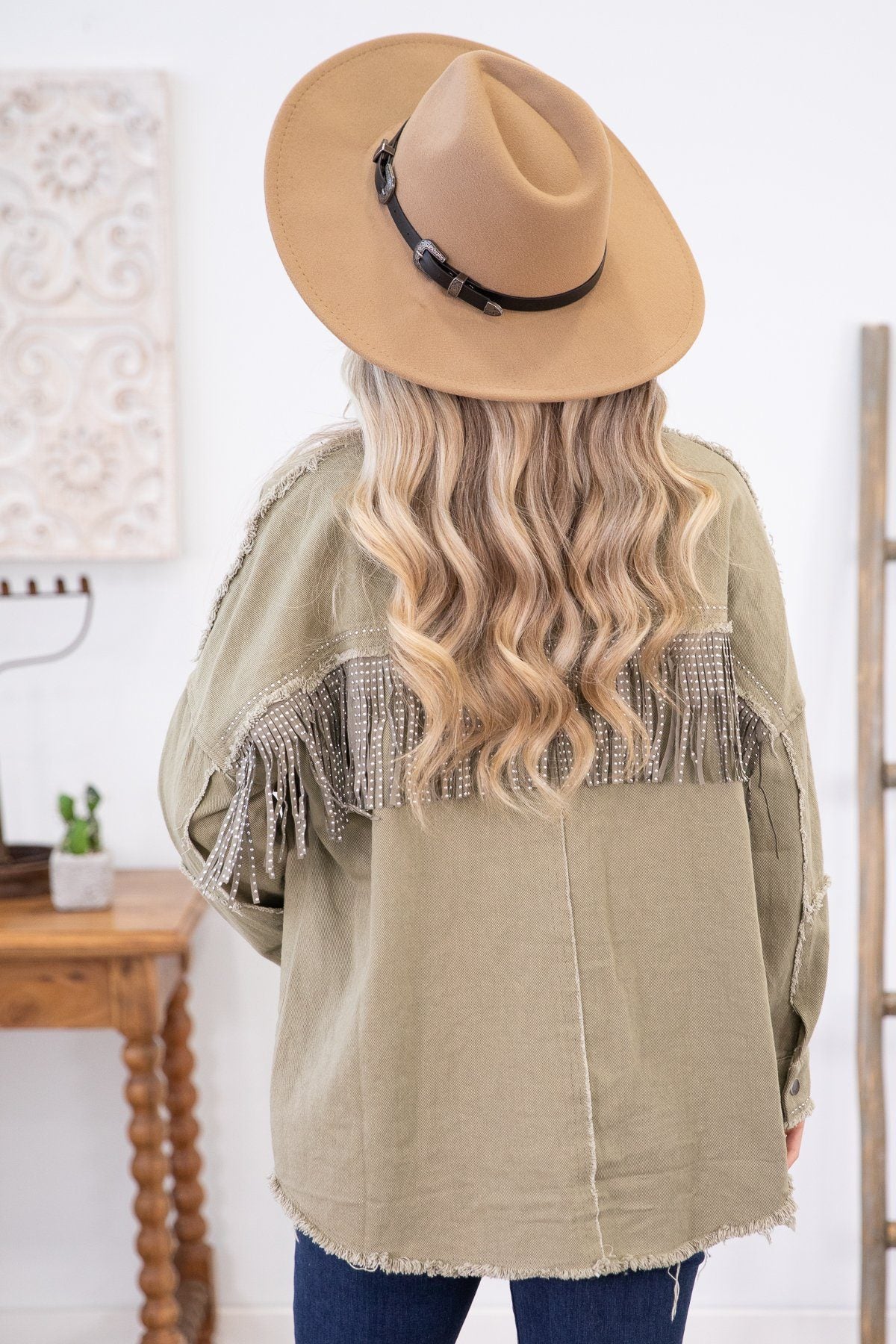 Olive Fray Hem Jacket With Studded Fringe - Filly Flair
