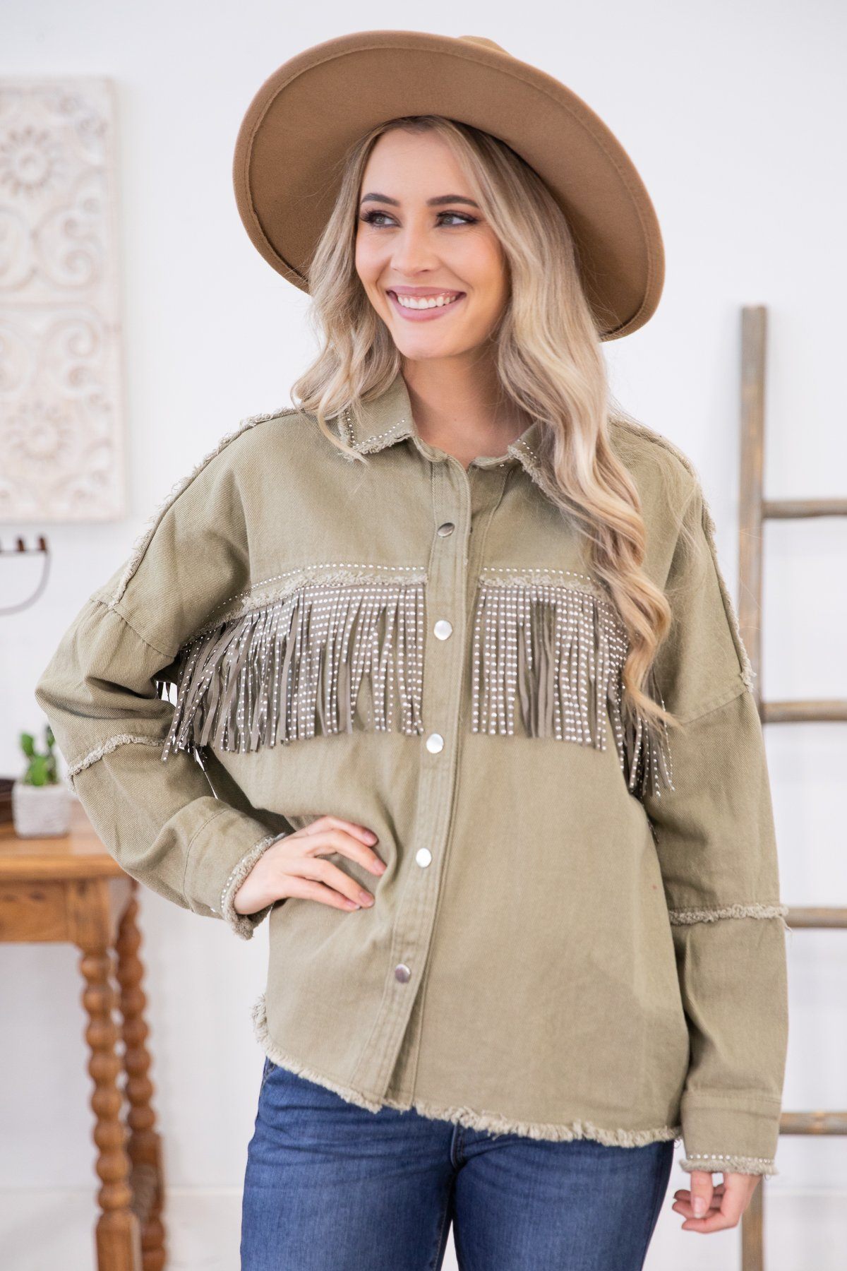 Olive Fray Hem Jacket With Studded Fringe - Filly Flair