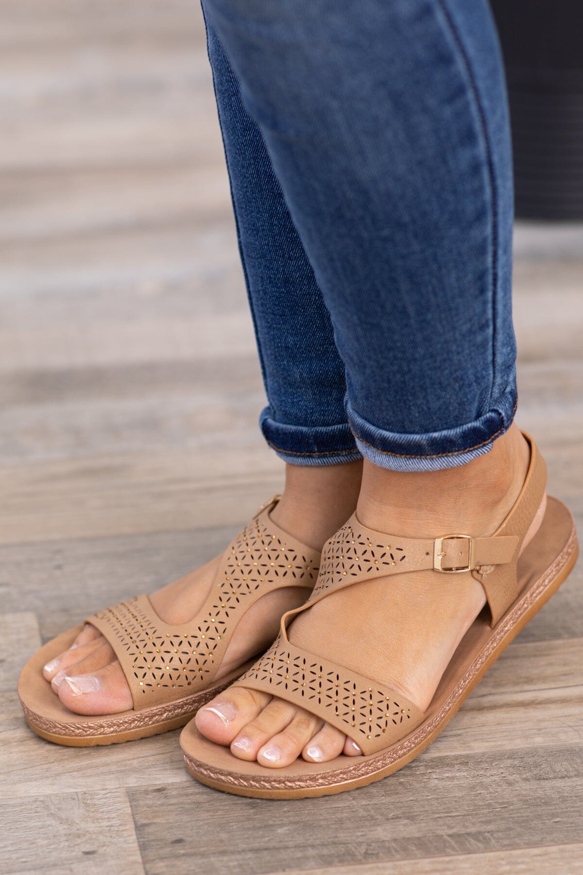 Tan Laser Cut Detail Sandals - Filly Flair