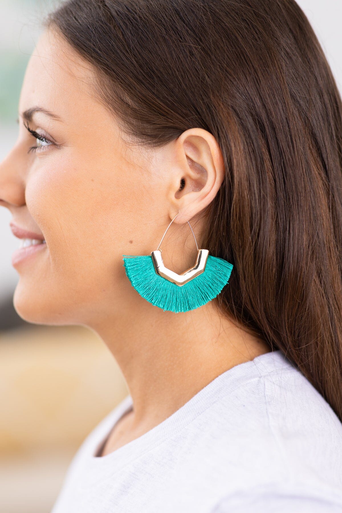 Teal and Gold Fan Shaped Tassel Earrings - Filly Flair