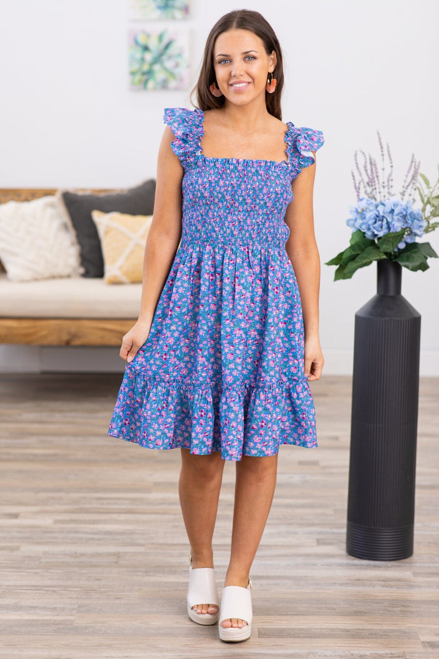 Blue and Lavender Floral Smocked Bodice Dress - Filly Flair