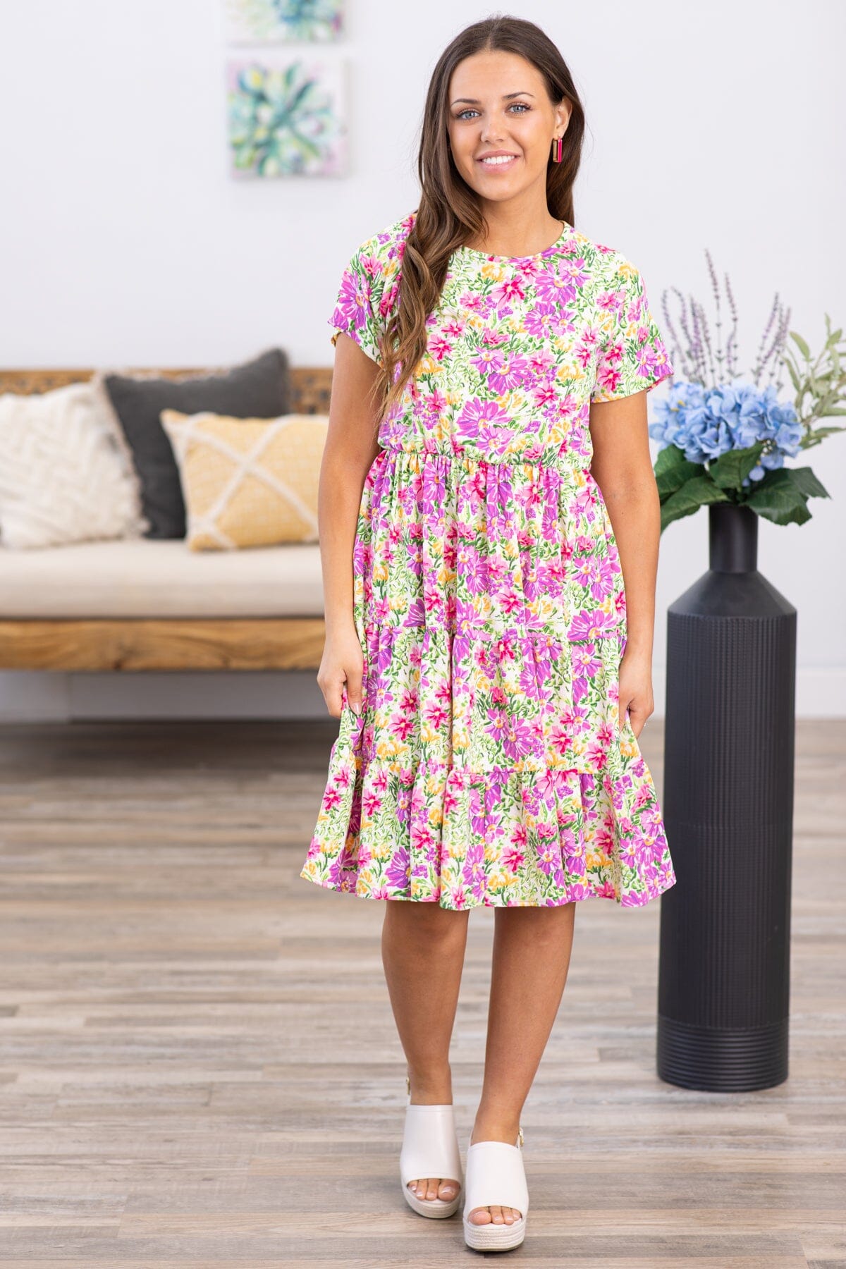Pink Multicolor Floral Short Sleeve Dress - Filly Flair