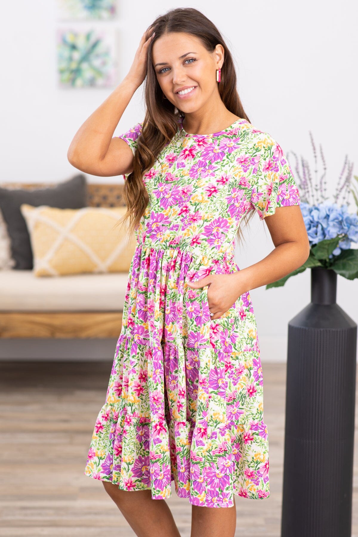 Pink Multicolor Floral Short Sleeve Dress - Filly Flair